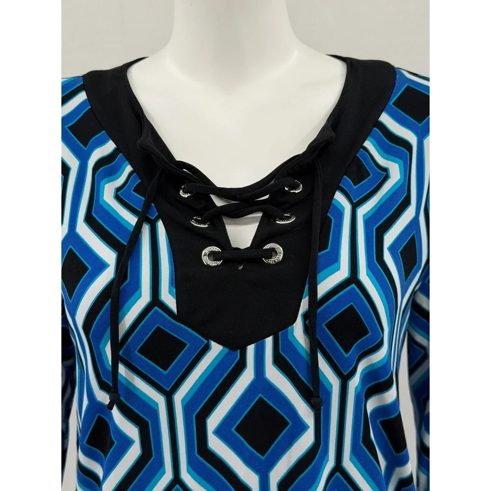 Michael Kors Top Womens Small Blue Geometric Lace Up V-Neck Mod Stretch‎ Office